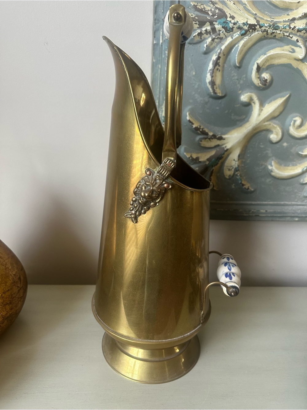 Vintage brass coal ash scuttle bucket with porcelain handles